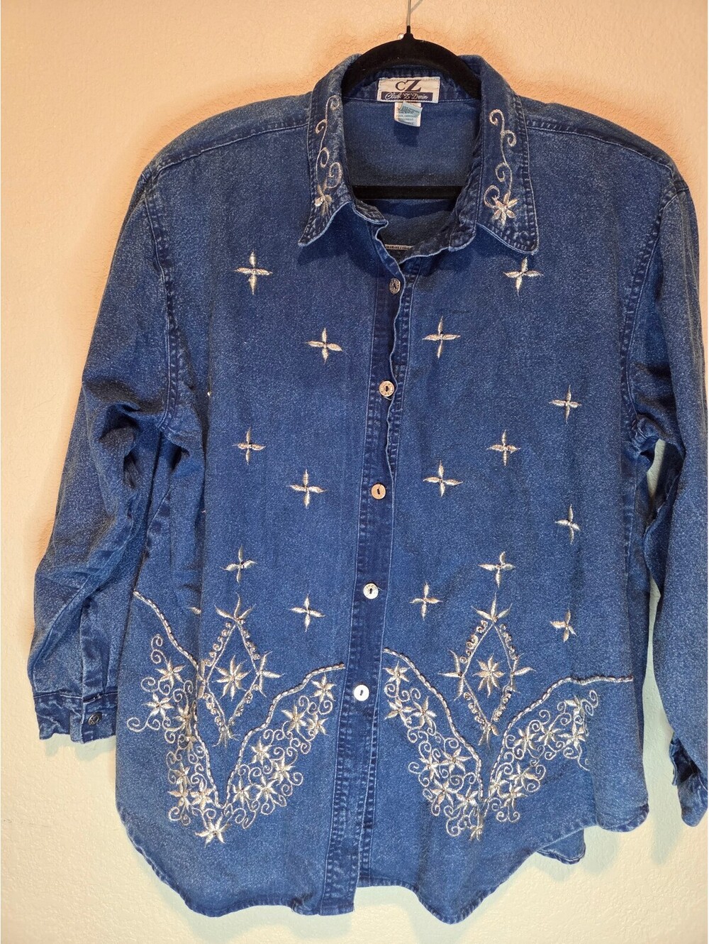 Club Z Denim Vintage Embroidered Denim Shirt with Floral Design